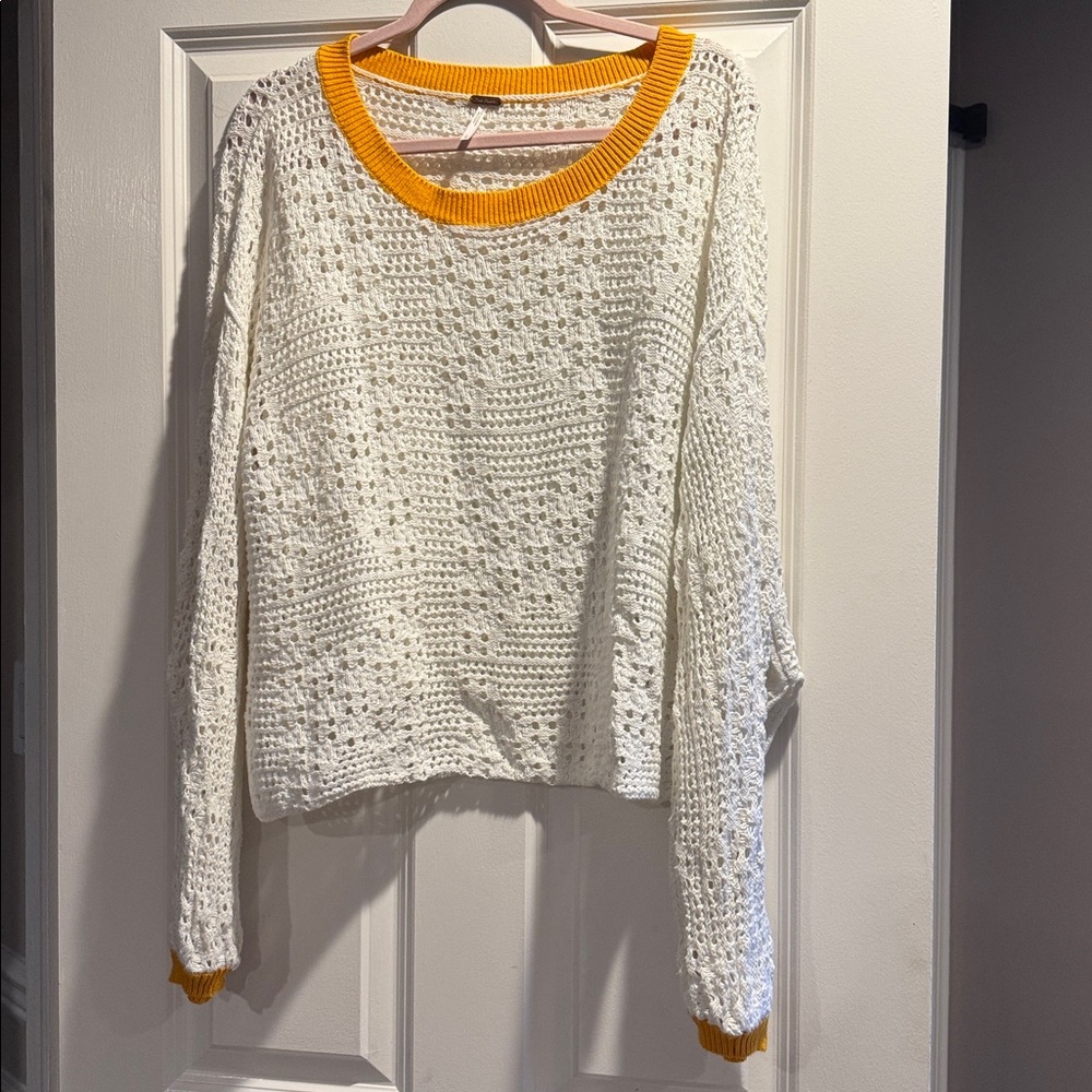 Free People White and Yellow Knit Sweater